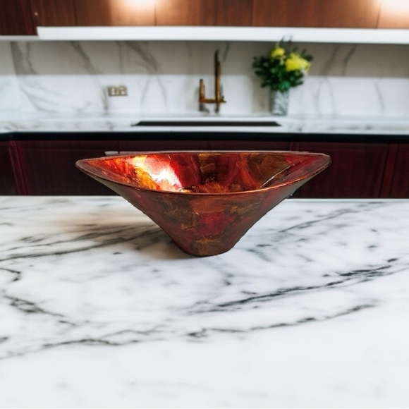 Decorative Bowl Red Gold Lacquered Boat Shaped Flower Pot Vase Planter Bowl - Picture 1 of 6